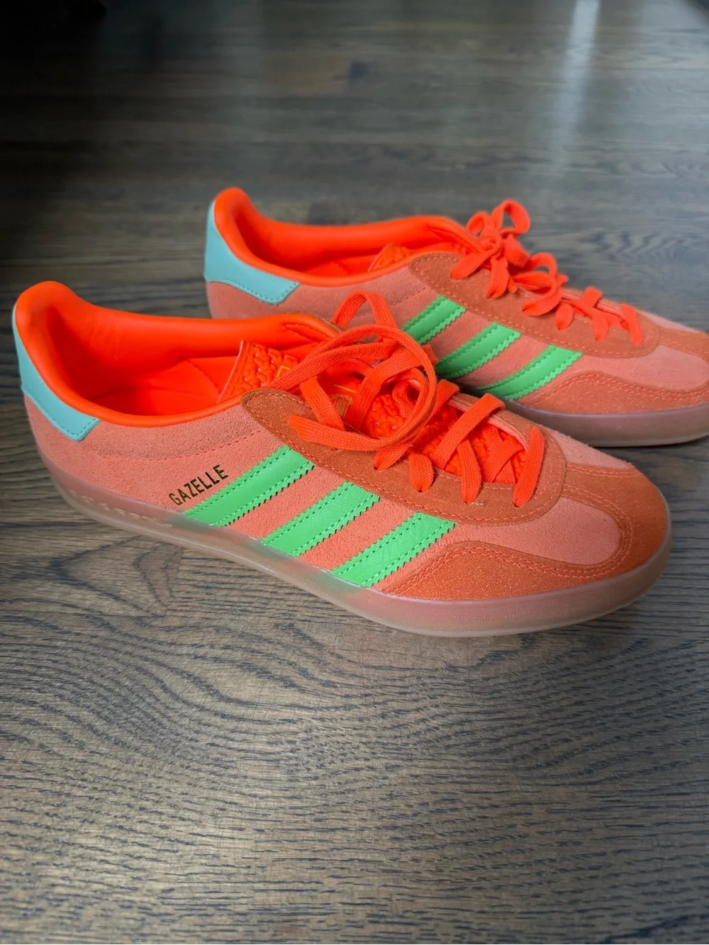 NWOT Adidas Gazelle Indoor Solar Orange Solar Green sneaker, size 8.5.
